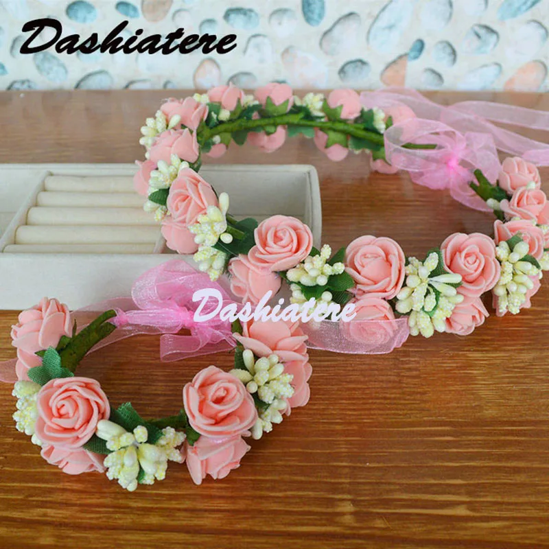 

Dashiatere Bridal Hair Wreath Floral Crown Wrist Flower Set Pink Ivory Wedding Basket Girl Headwear Rose Children Hair Accessory