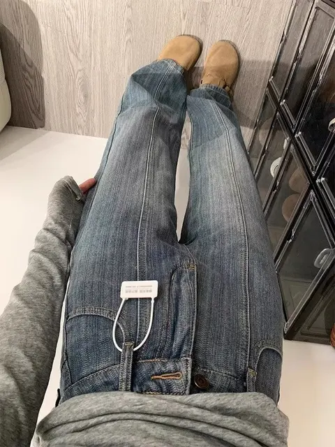 Retro Texture Wide Leg Denim Pants Loose Drapey Straight Long Trousers for Women High Waist Zipper Closure Casual Sle