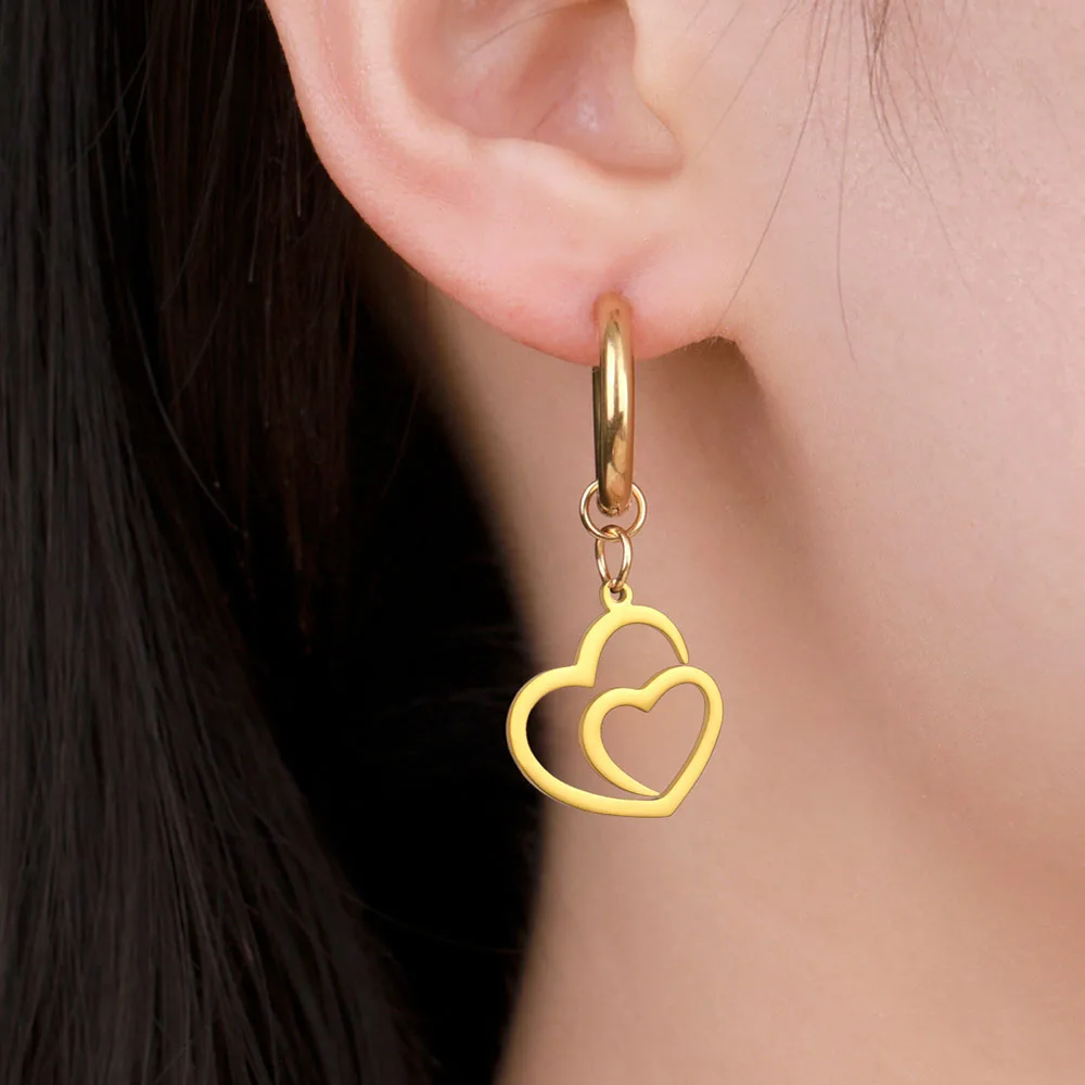 COOLTIME Doppelte Liebesherz-Tropfenohrringe für Damen aus Edelstahl ﻿ Goldfarbene modische Hochzeitsohrringe, Schmuck, hübsches Geschenk