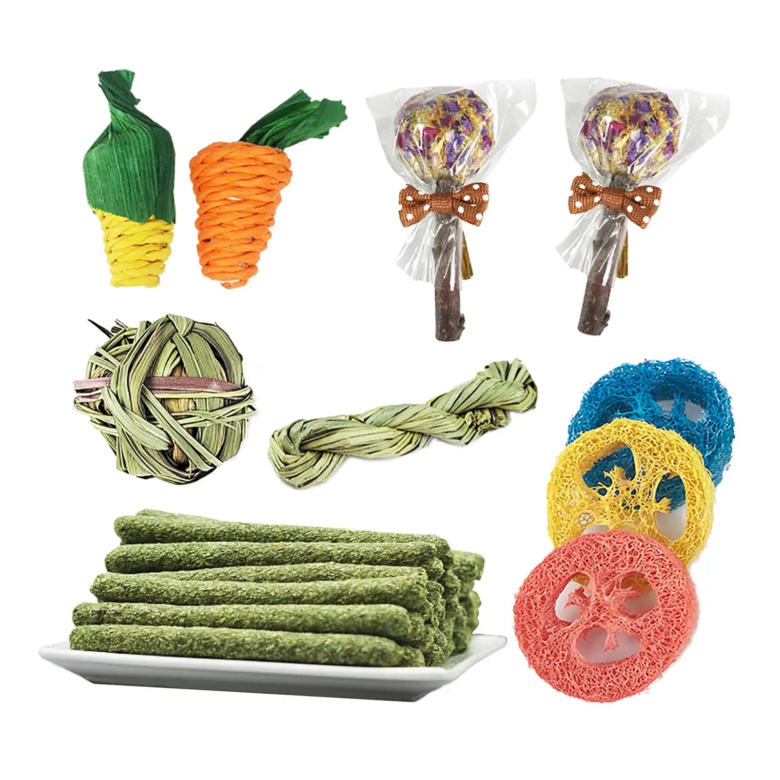14pcs Rabbit Chew Toys Set Wooden Loofah Chinchillas Hamster Bunny Molar Toys