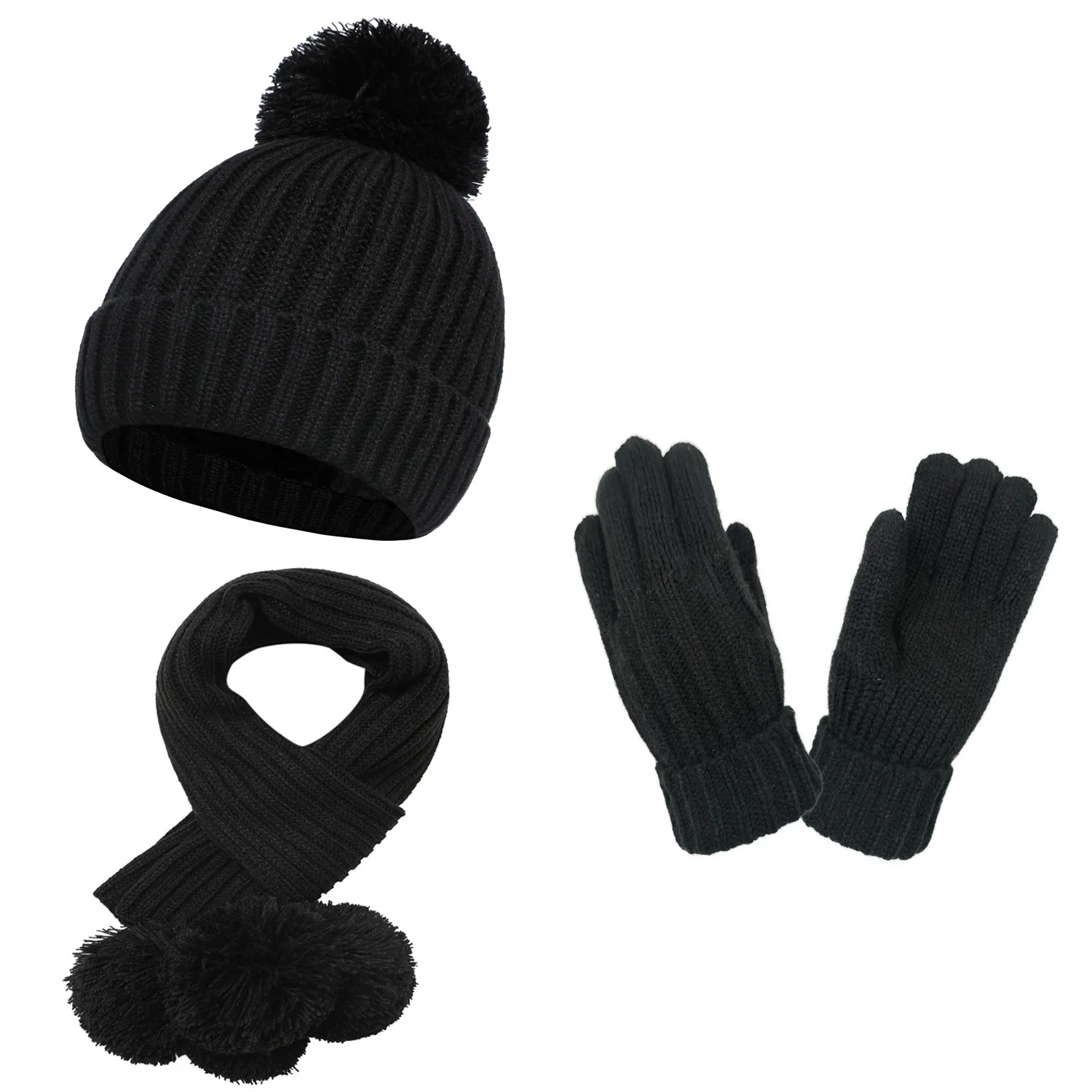 Girl Boy Hat Scarf Gloves Set Beanie Pompom Winter Acrylic Knit Cap Autumn Warm Soft Skiing Accessory For Outdoor Cold Weather