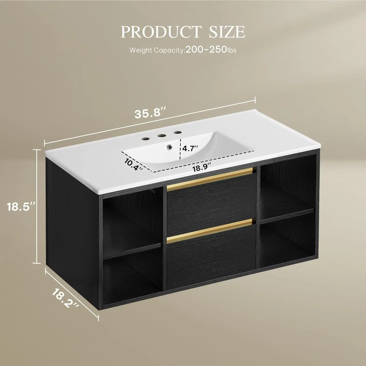36 Inch Floating Bathroom Vanity W/ Three Holes Sink, Wall Mounted Cabinet W/ 2 Drawers & 4 Open Storge,Undermount Ceramic Basin 2