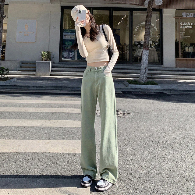 Mint Green High Waist Wide Leg Jeans Women's Spring And Summer Simple Y2k  Cotton Elastic Loose Slender Mopping Straight Jeans - Jeans - AliExpress