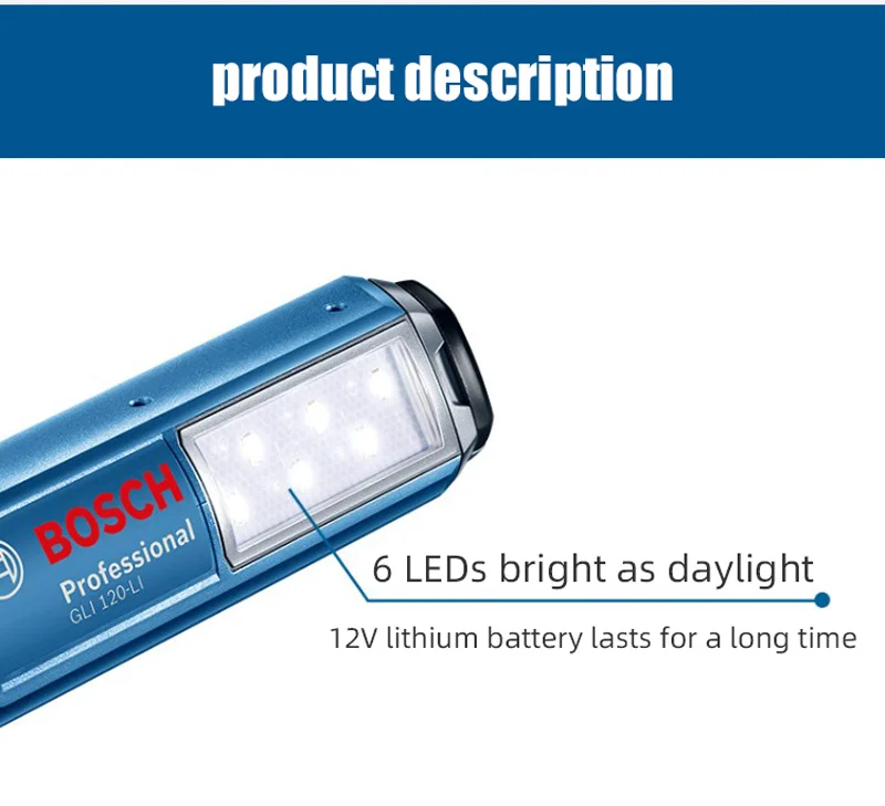 BOSCH GLI 120-LI Cordless Work Light 12V Handheld Portable Rechargeable LED Flashlight Adjustable Lamp Rotatable Hook