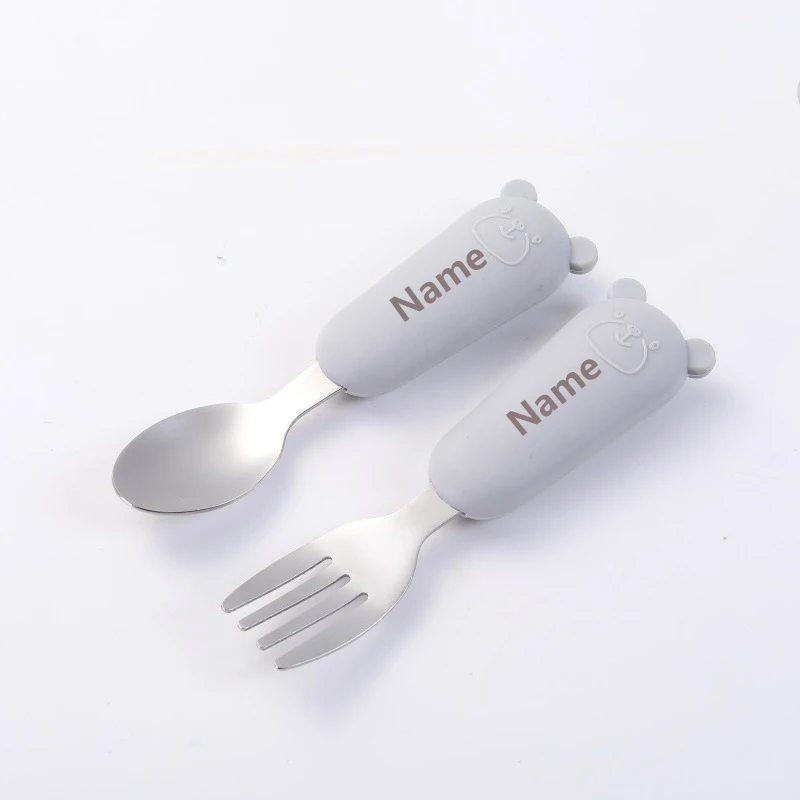 Baby Cutlery Set - Fork & Spoon Stainless Steel with Silicone Handles Free Name Engraving Children's Surprise Gift