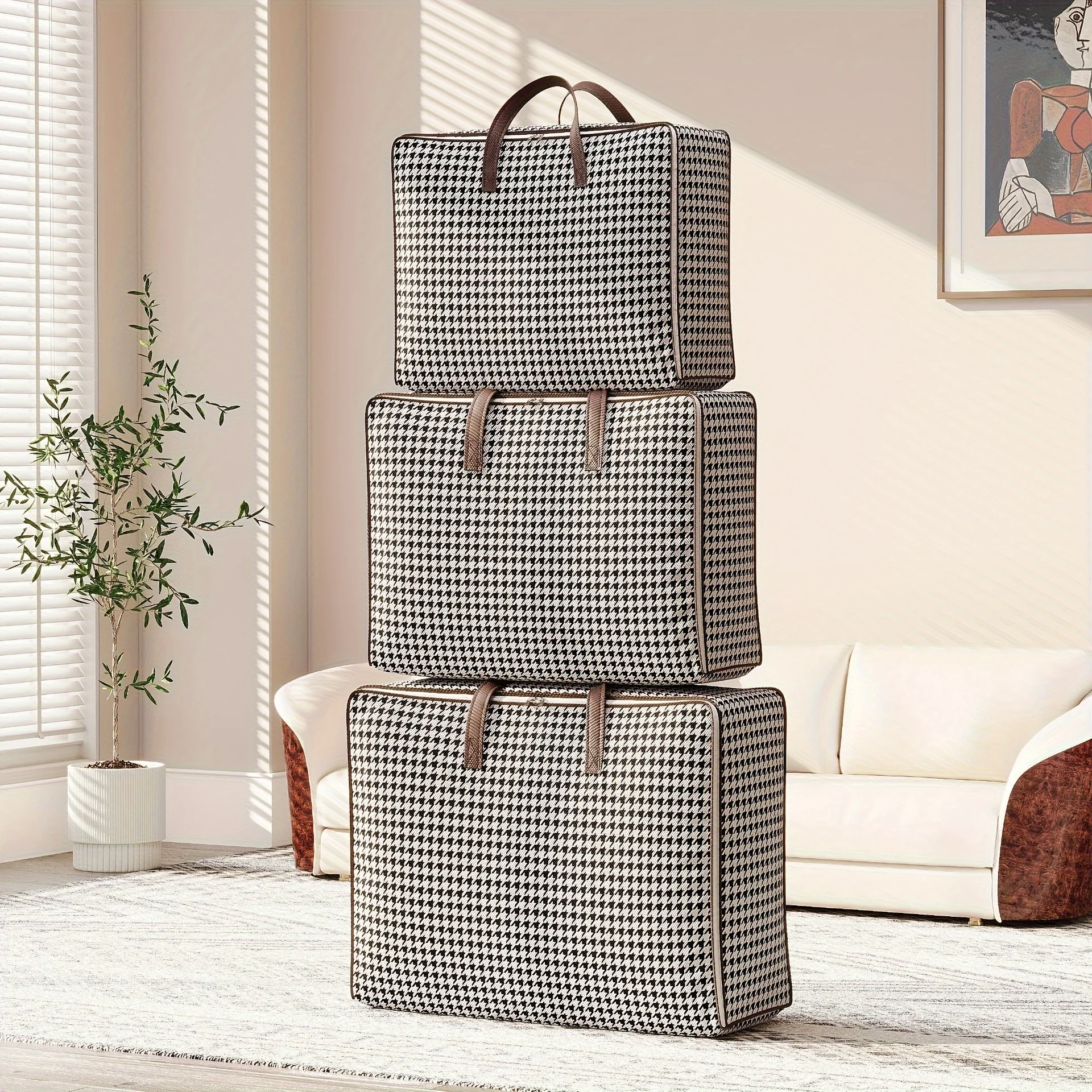 Large Capacity Houndstooth Foldable Travel Bag - Quilt & Clothes Storage for Moving & Home Organization 3