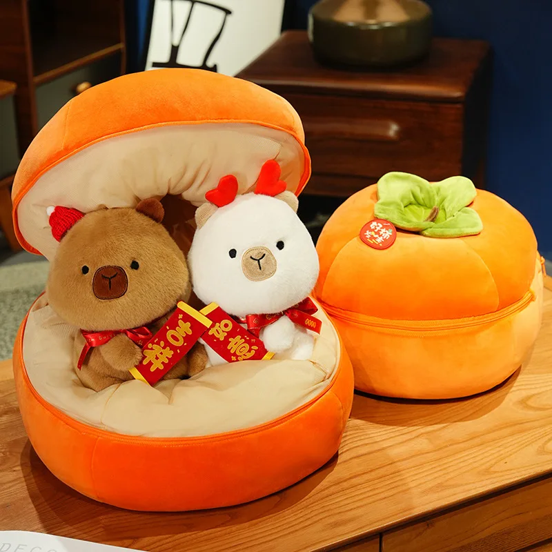 New Year Mascot Creative Fruit Persimmon&Cute Capybara Plush Toy Cartoon Stuffed Animal Soft Anime Doll for Girls Kids Gift Deco