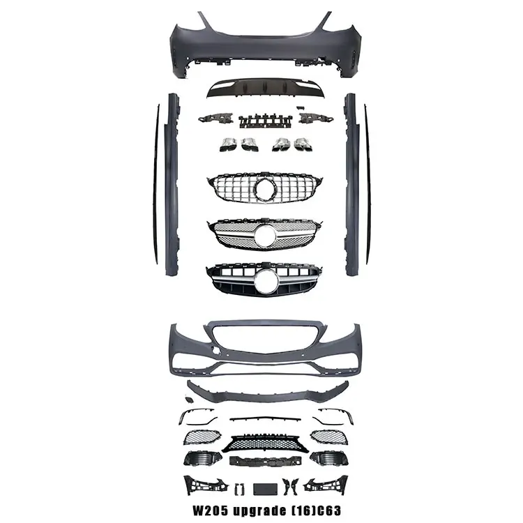 

Car Auto Parts for 2015-2021 Mercedes-Benz W205 Modified to 2016 C63 AMG Body Kit Front Bumper GT AMG Silver Black Grille