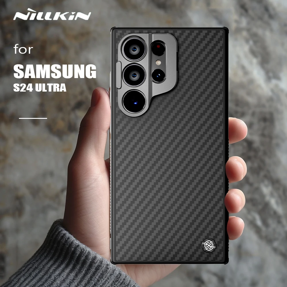 삼성 갤럭시 S24 울트라 5G 케이스 닐킨 아라미드 섬유 탄소 소품, 스탠드 카메라 케이스, 헤비 듀티 렌즈 보호 커버