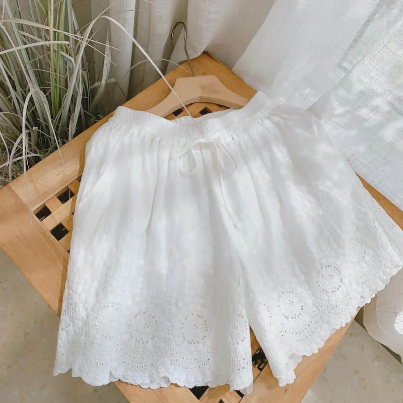 Solid Shorts for Women Summer Casual Straight Short Pants Embroidered Korean Style Elastic Waist Wide Leg Trousers Women Clothes