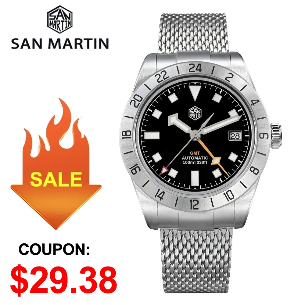 

San Martin SN0135 39mm Men Watch GMT NH34 Automatic Mechanical Watches Mesh Milanese Bracelet Luminous AR Sapphire Waterproof