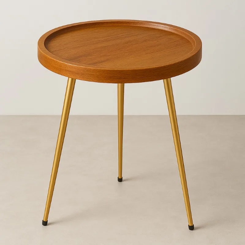 Elegant Round Oak Coffee Table with Golden Frame