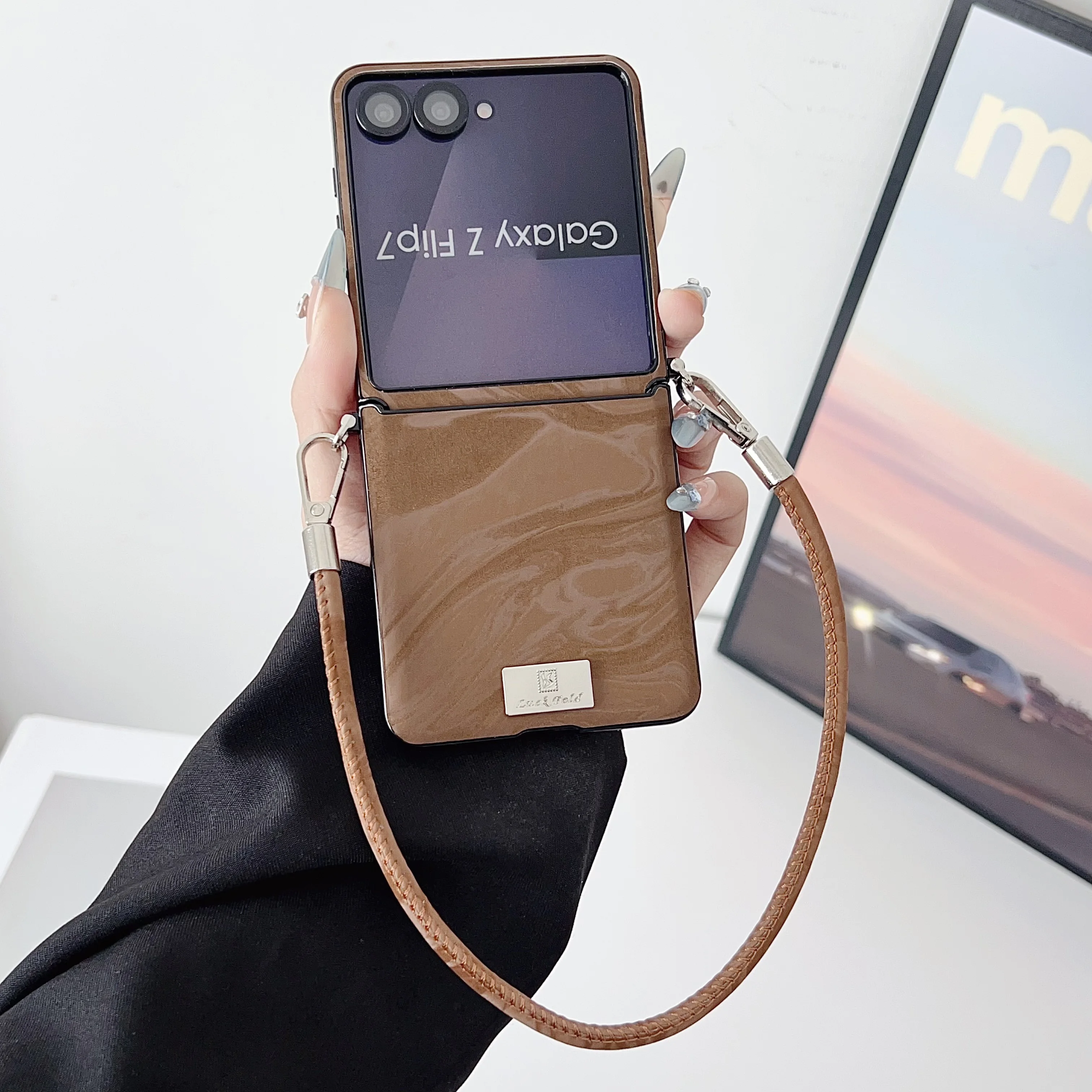 Luxury Water Ripple Leather Case with Nameplate and Lanyard - Fashion Back Cover