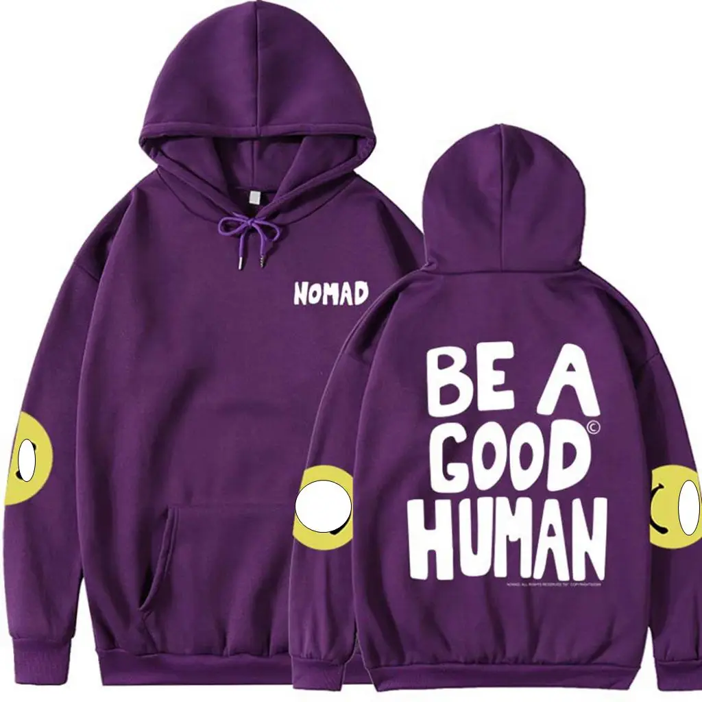 NOMAD BE A GOOD HUMAN JIM 주변 동일 후드, Y2k 후드 셔츠 탑, 여성 의류, 루즈 풀오버, 가디건, 스웻셔츠