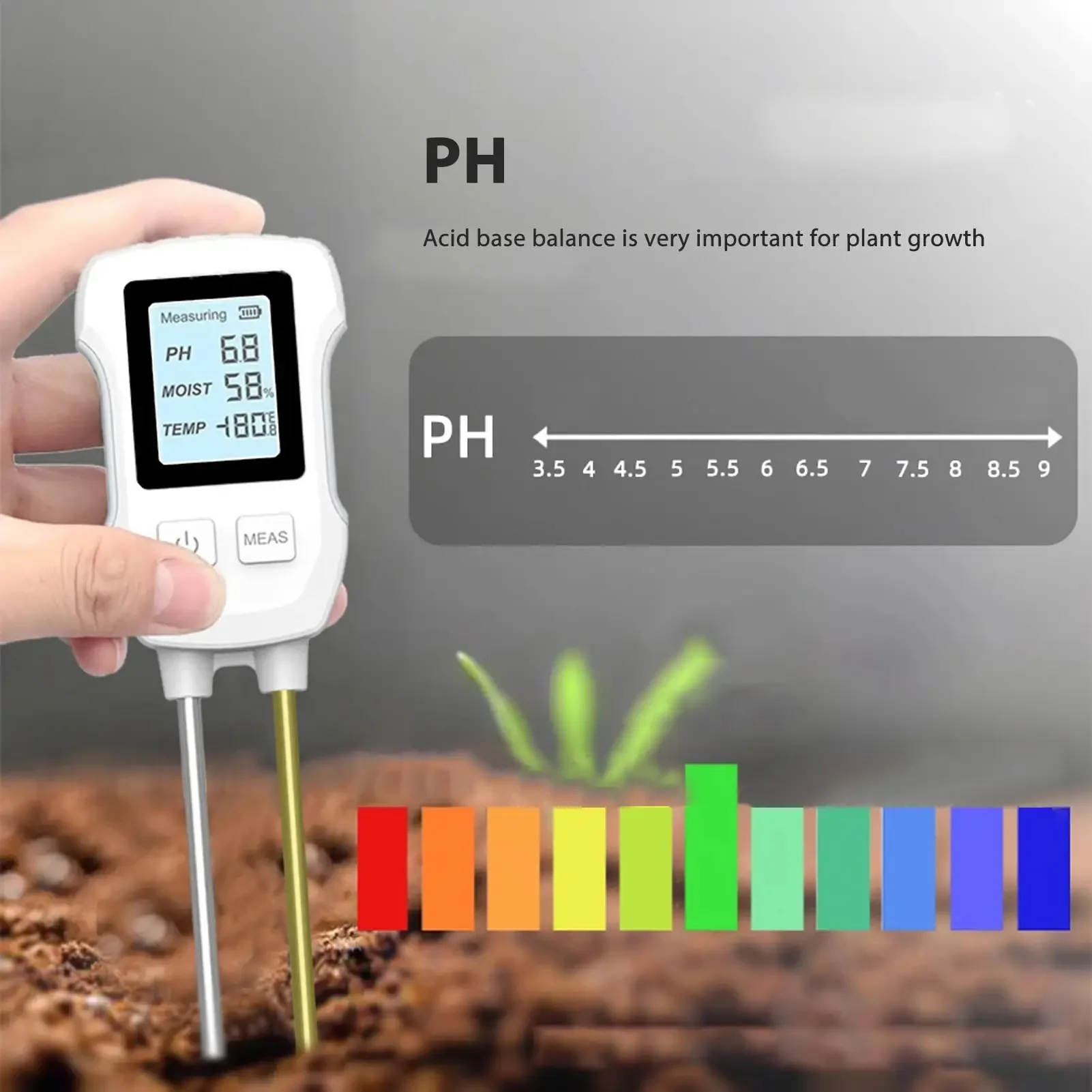 LCD 토양 테스터 PH 수분 온도 3.0-9 pH 계량기, 내열 금속 센서 습도 모니터, 꽃 식물 원예용