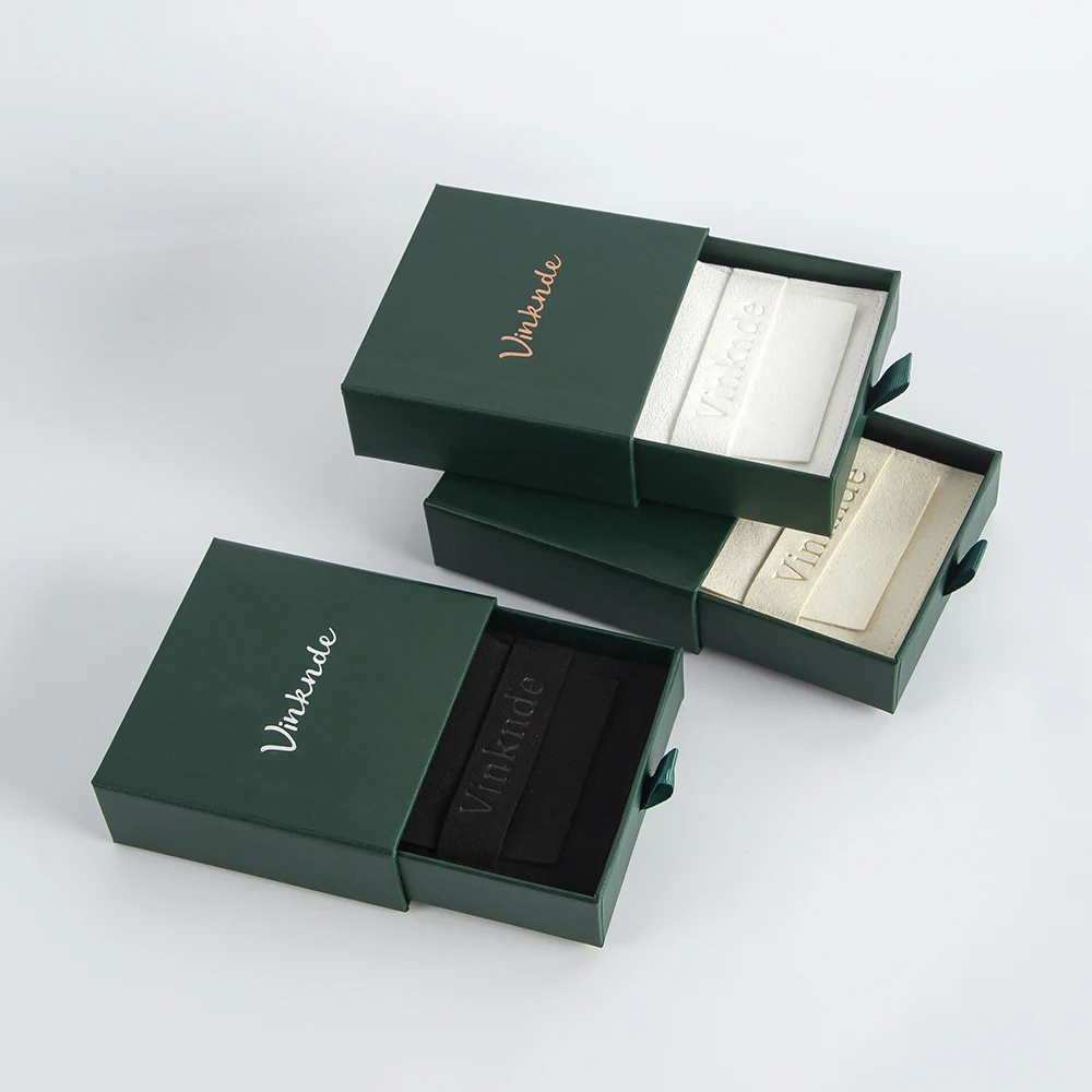 Green Product Package Boxes Custom Logo Print Sliding Drawer Carton Jewelry Packaging Organizer Box Case Microfiber Pouches Bags