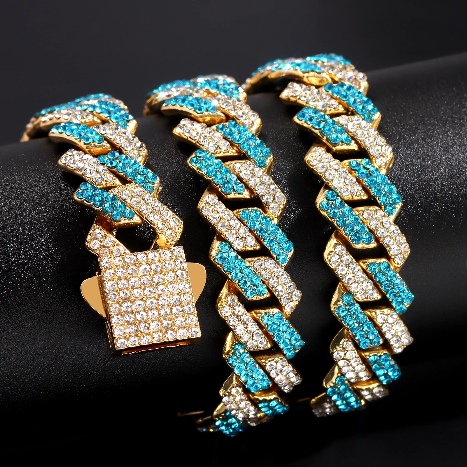 HipHop 14mm blau Raute kubanische Glieder kette Halskette für Männer Frauen bling Feder verschluss kubanische Kette Halskette Armband Set Schmuck – Detail 7
