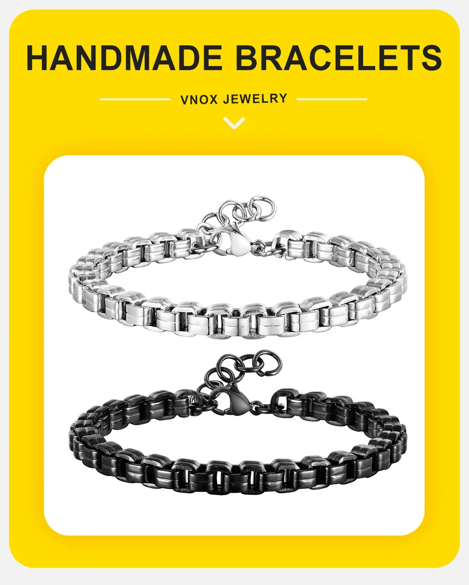 Vnox 5,3 mm runde Box-Kettenarmbänder für Männer und Jungen, verstellbares Rolo-Links-Armband aus Edelstahl, einfacher Metallschmuck – Detail 2