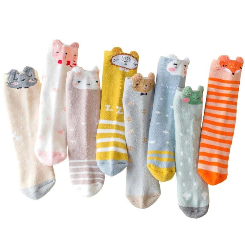 

3 Pairs Baby Knee High Socks Cartoon Animal Print Thick Terry Towel Leg Warmers