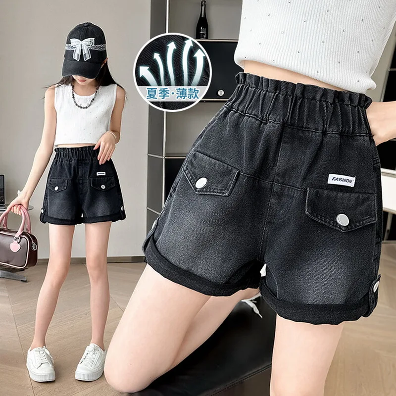 New Children Black Denim Shorts with Fake Pocket for Girls Summer Mini Jeans Kids Teenager Causal Rolled Shorts Age 5-14 Year