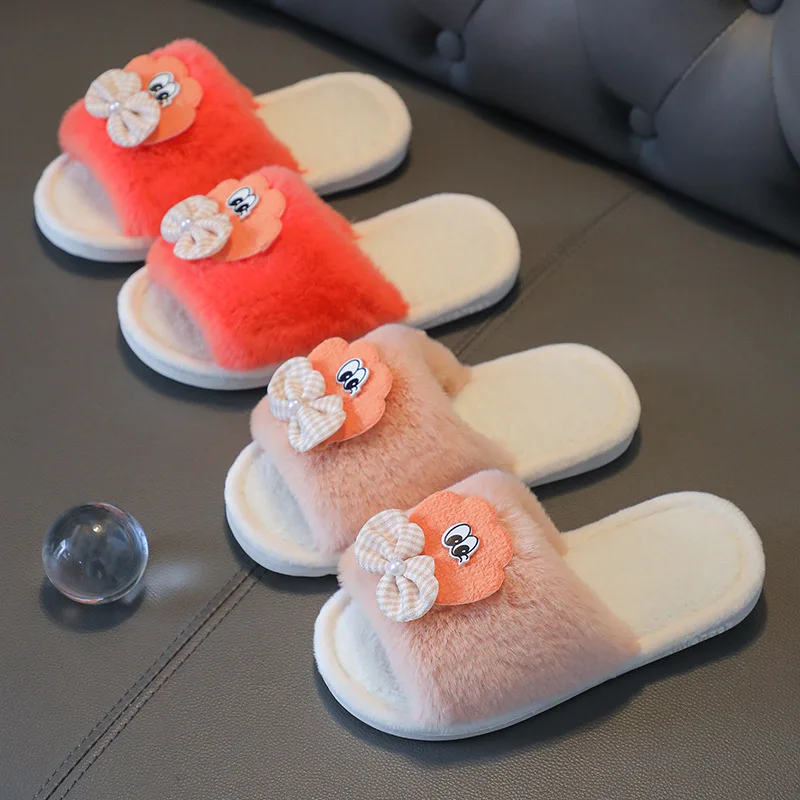 

Pantuflas 2023 Осенняя детская обувь для девочек с бантом плюшевые тапочки симпатичная домашняя хлопковая обувь домашняя Нескользящая детская обувь