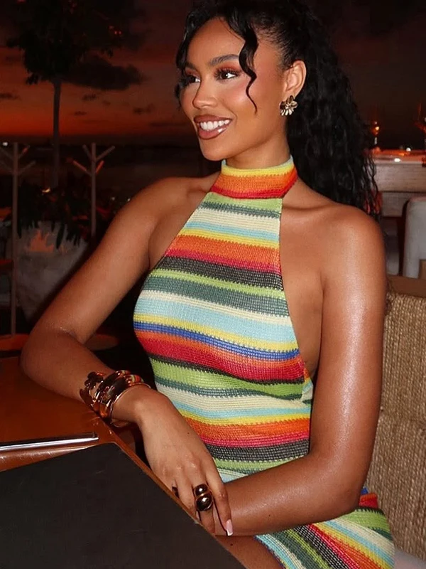 Stripe Patchwork Mini Dress Woman Bandage Halter