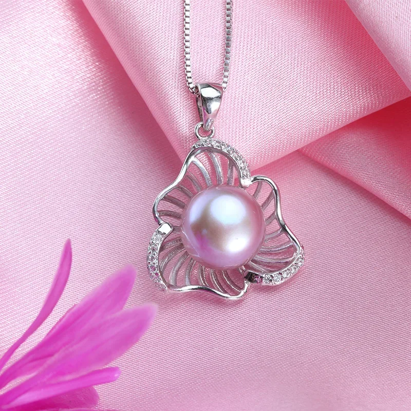 925 Sterling Silver Lotus Leaf Pendant Necklaces for Women 8-9mm Bread Round Natural Freshwater Pearl Necklaces Jewelry Gift