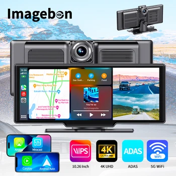 10.26″ 4K ADAS Dash Cam Wireless CarPlay & Android Auto Dashboard Car DVR GPS AUX Time Lapse Rearview Mirror Camera