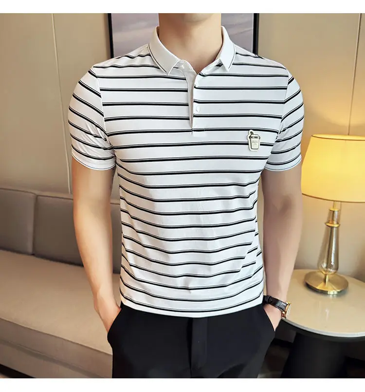 Description Picture 4 of item2024 Summer Striped Polo Shirt for Men High Quality Short Sleeved Casual T-shirt Lapel Business Social Office Tee Tops M-4XL