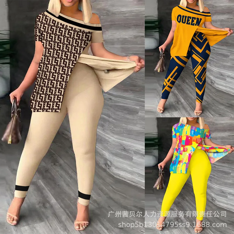

Women Spring Summer Geometric Print Split Hem Top & Pants Set 2pcs Clothes Suit Fashion Casual