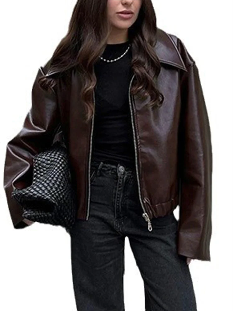 High Street Loose Female PU Coat Casual Zipper Slim High Waist Long Sleeve Patchwork Fashion Clothes Women Autumn Outwear