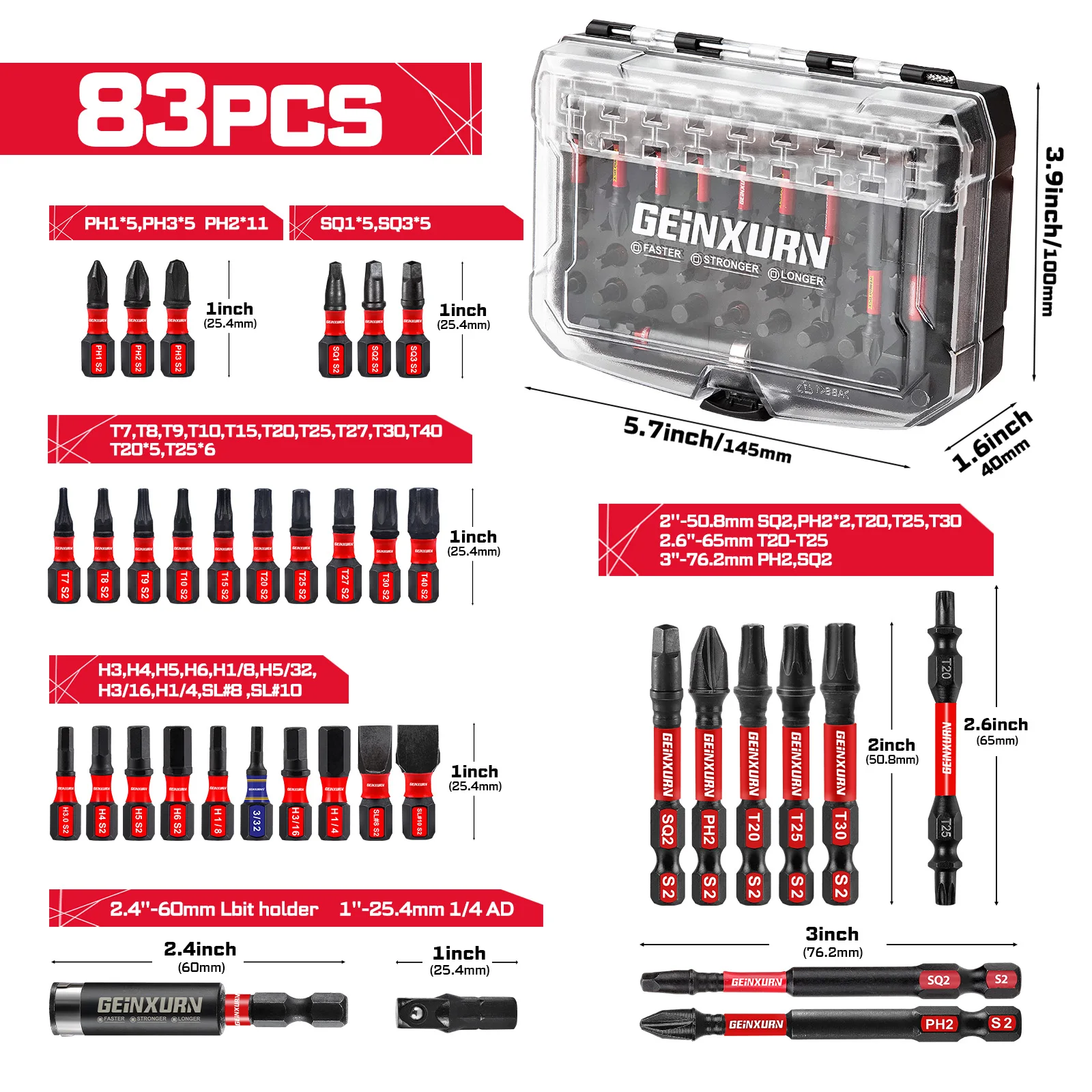 Geinxurn 83-teiliges Schlag-Magnetschrauber-Bit-Set, S2-Stahl-Bits (PH/Schlitz/Torx/Hex/SQ), Steckdosenadapter und schwarzer Aufbewahrungskoffer