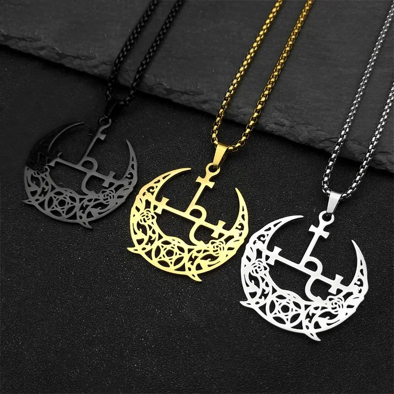 Wicca Triple Moon Halbmond Pentagramm Anhänger Halskette für Frauen Männer Edelstahl Gold Farbe Satan Lilith Dämon Siegel Schmuck