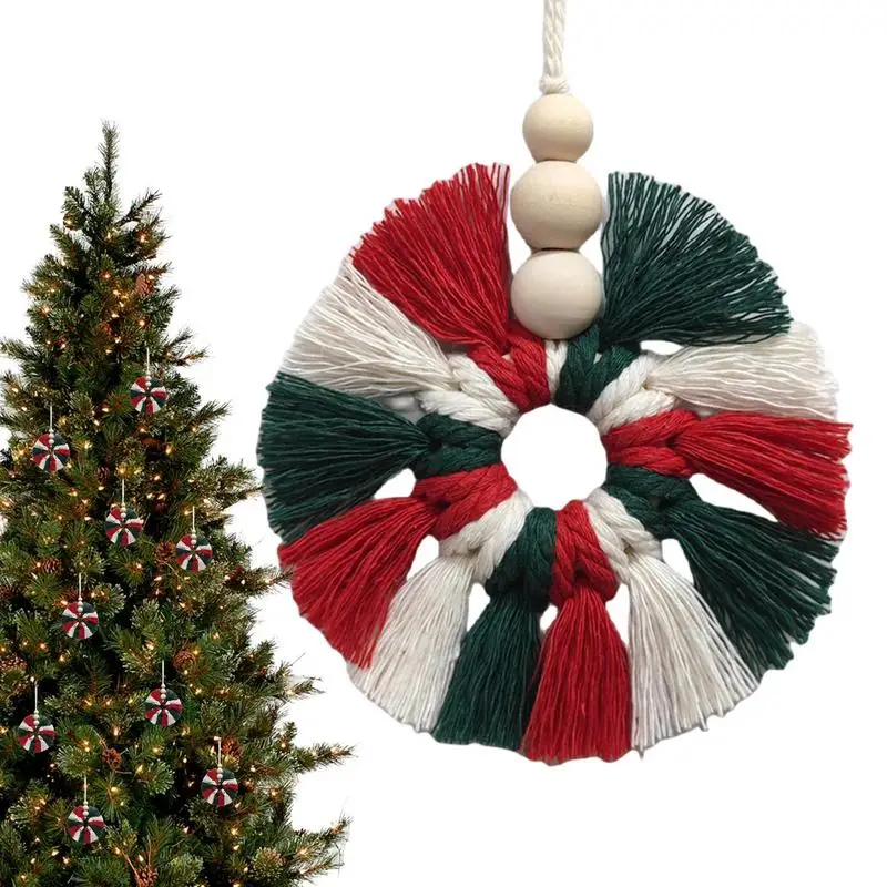 

Macrame Christmas Wreath hand Woven Wreath Christmas Tree Ornament Multicolor Knitted Wall Art Ornament Sign For Decoration