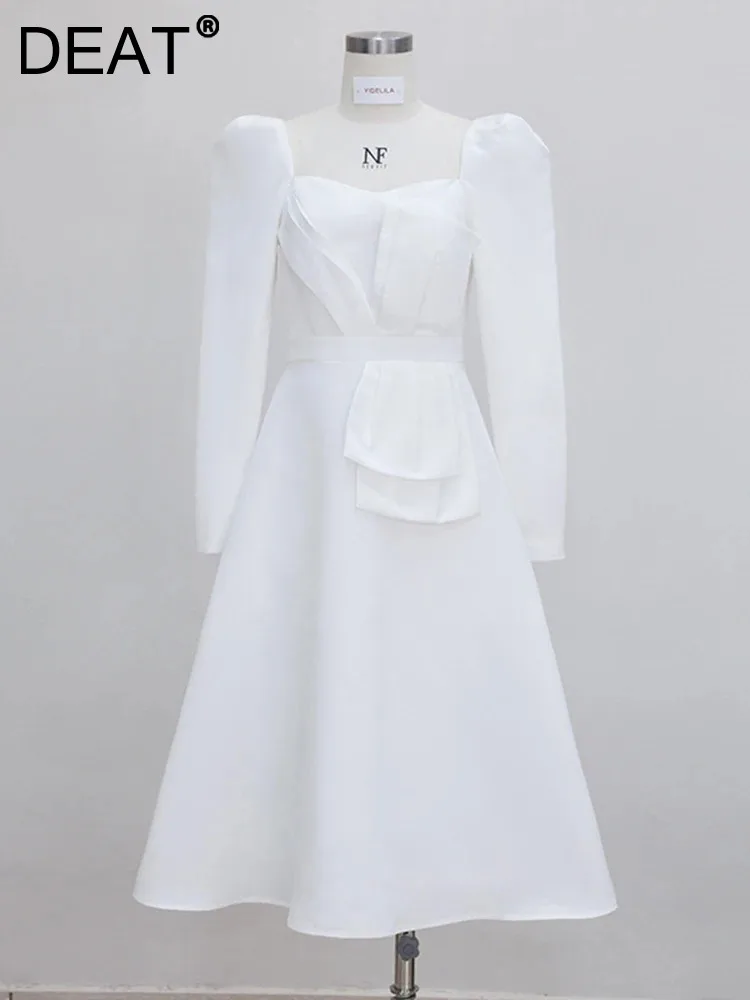 

DEAT Women's Fashion Casual Dress Solid Color High Wais Square Collar Patchwork Zipper Elegant Dresses Spring 2024 New 13DB5040