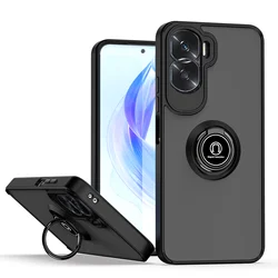 Enhanced Shockproof Armor Case with Matte Hard Back and Ring Stand Holder for Honor 90 Lite 5G (Black)