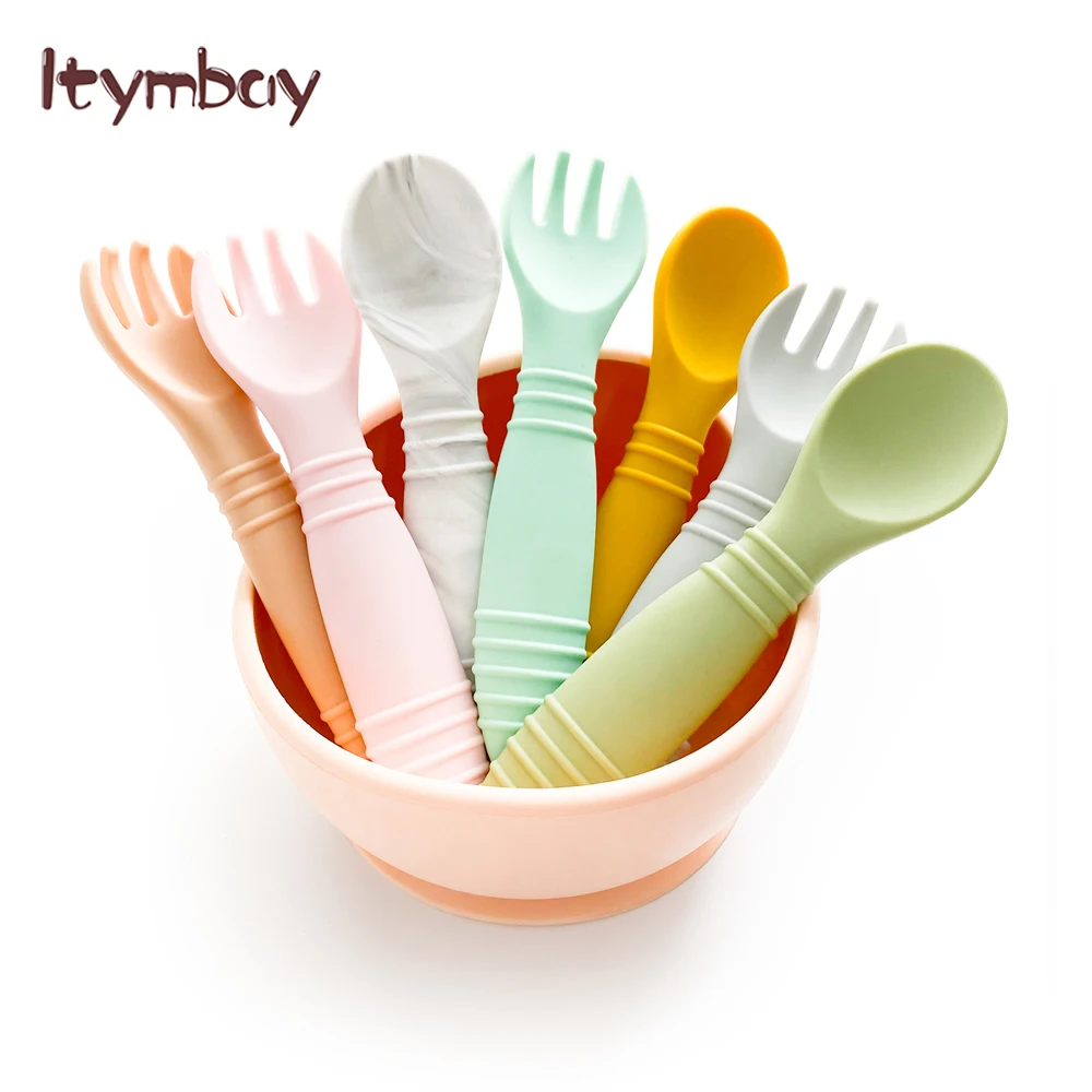 Baby Utensils Kids Spoon and Fork Set Silicone Toddler Self Feeding  Tableware Accessories BPA Free 2pcs/set