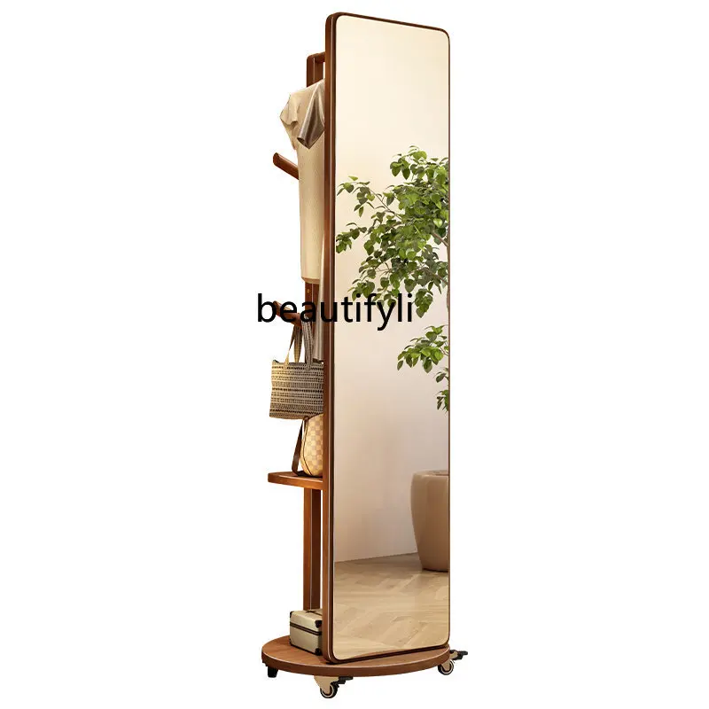 

Solid Wood Dressing Mirror Simple Home Rotatable Mobile Coat Rack Bedroom Full-Length Mirror Full-Length Mirror