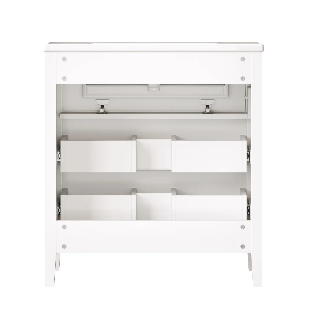 Freistehender weißer Badezimmerschrank mit Keramikwaschbecken & Metallgriffen, 3 Schubladen Retro-Waschtischunterschrank mit Soft-Close-Funktion – Detail 18