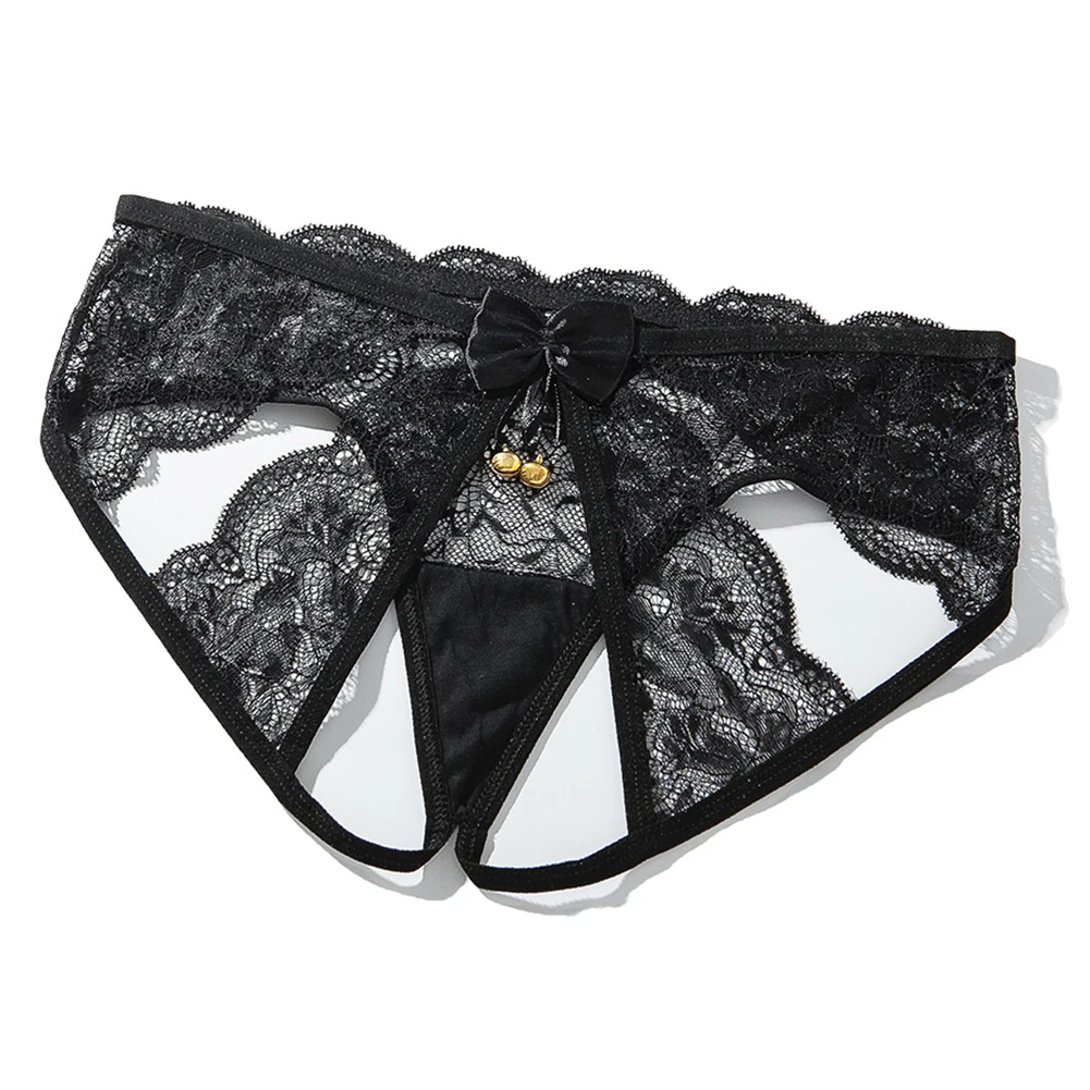 

Sexy Women Ultra Thin Lace Breathable Panties Hollow Out Crotchless Underpants Bow Little Bell Temptation Erotic Lingerie