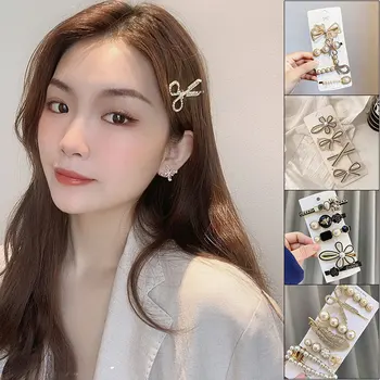 여성용 레트로 5 피스 헤어 클립, 심플한 진주 사이드 클립, 머리띠 머리핀, 바레트, 인스 블랙 Froral 헤어 액세서리 상품 이미지