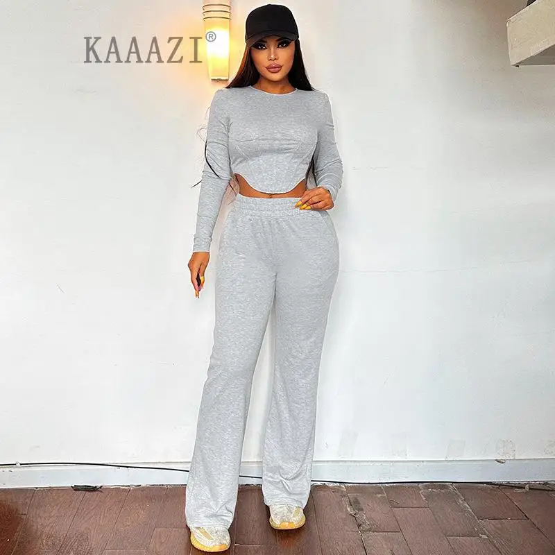 

KAAAZI Irregularity O-neck T Shirt Long Sleeve Fashion Autumn New Casual Slim Suit Women Long Pants Two Piece Set Streetwear