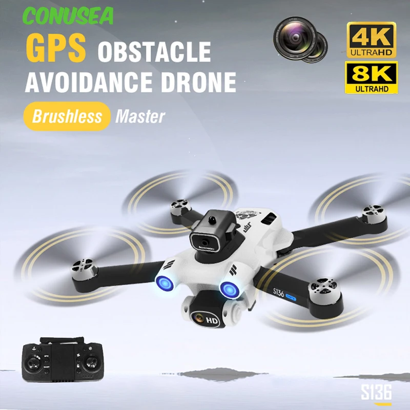S136 Pro Ultra Gps Rc Dron 8K 4K Fotocamera Drone Droni Per Evitare Ostacoli Quadcopter Fpv Wifi Rc Elicottero Motore Brushless Dron