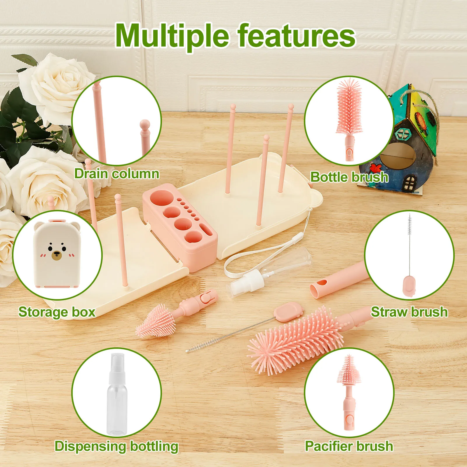 Bottle Brush Set Portable Baby Bottle Cleaner Kit Drying Rack with Silicone Nipple Brush Bottle Cleaning Tool for Home and Trave