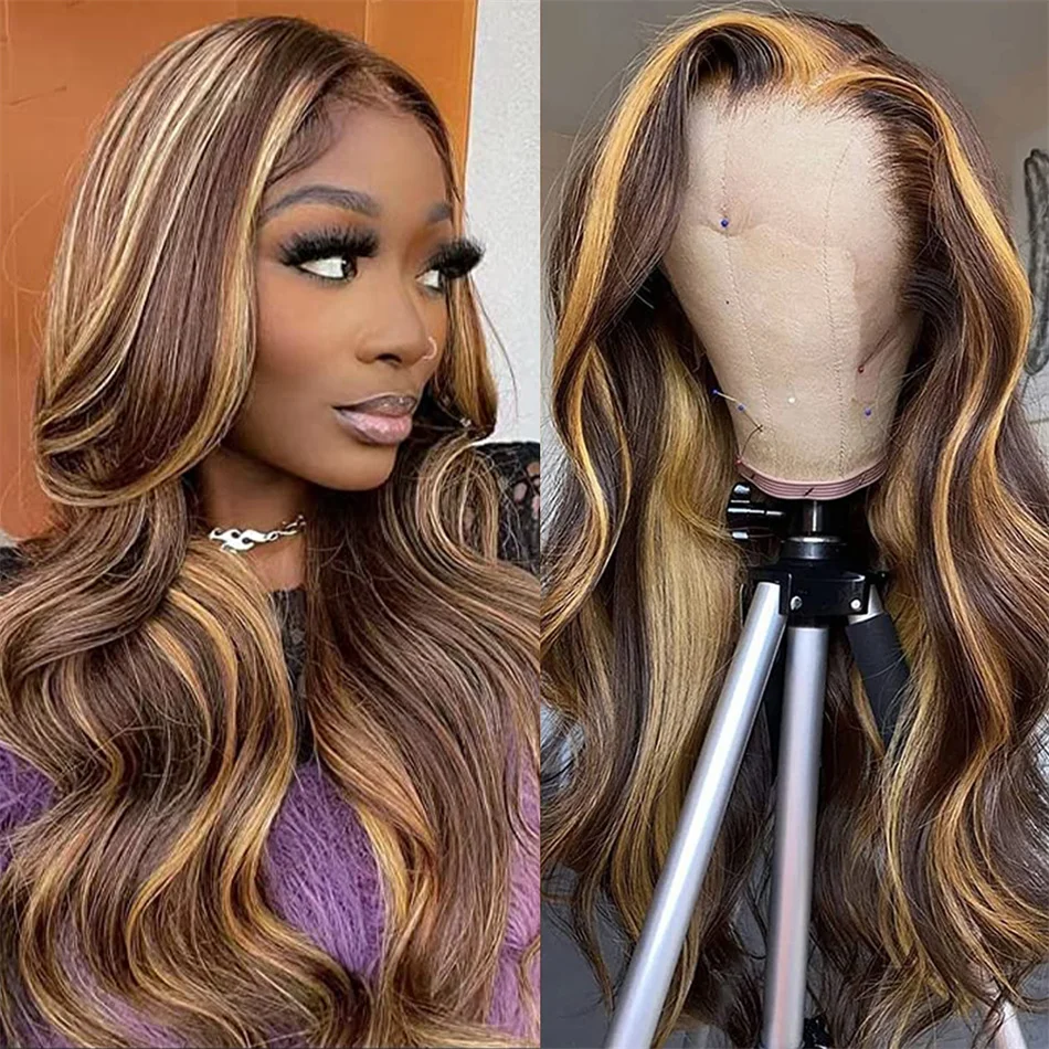 

13x4 Lace Frontal Human Hair Wig Body Wave Lace Front Wig Highlight Human Hair Wigs for Black Women Long Wavy Pre Plucked Wigs