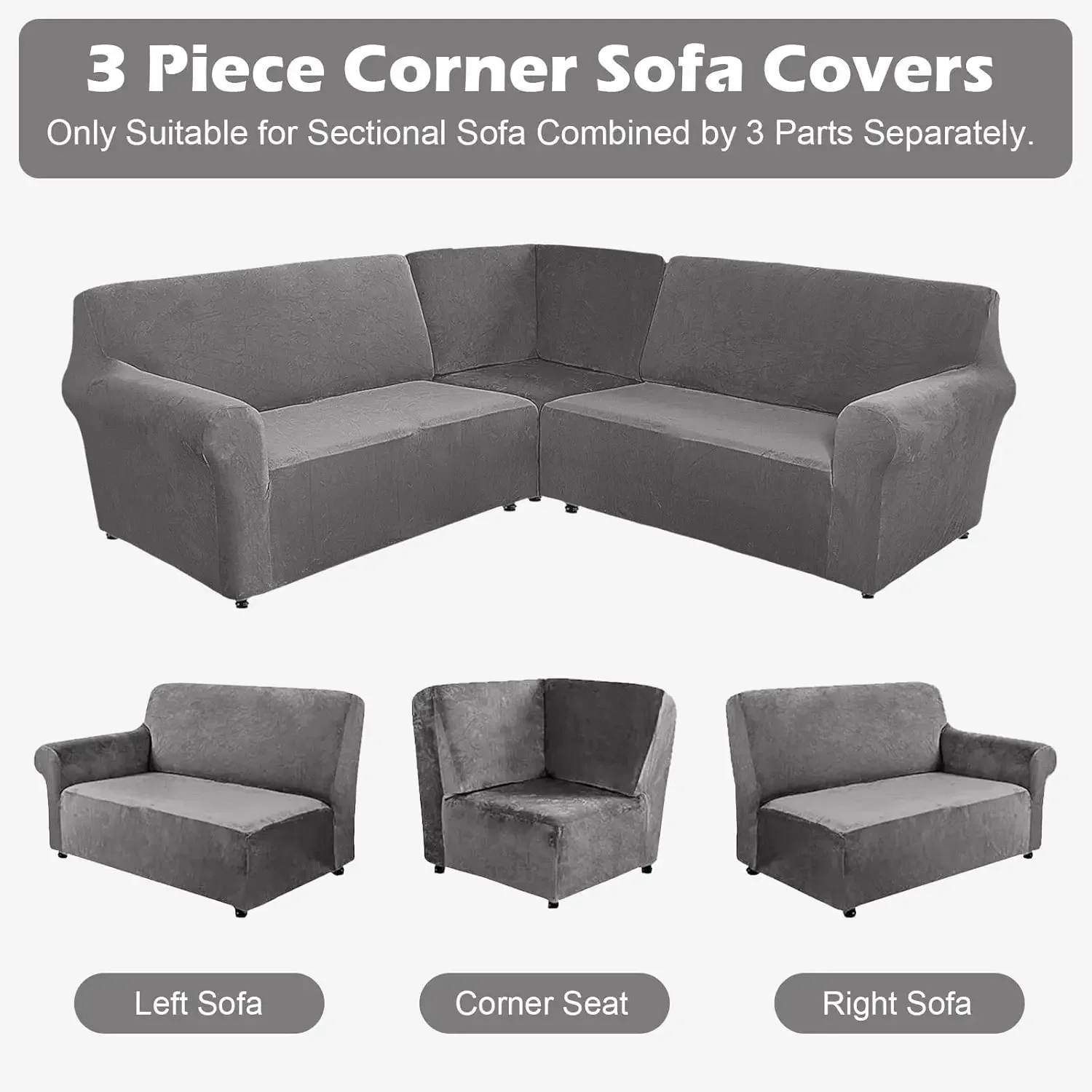 Velvet 3 Pcs L Shaped Couch Covers Sectional Sofa Corner Sofa Cover Plush Stretch 5 Seater Corner Sofa Slipcover Couch Protector 5