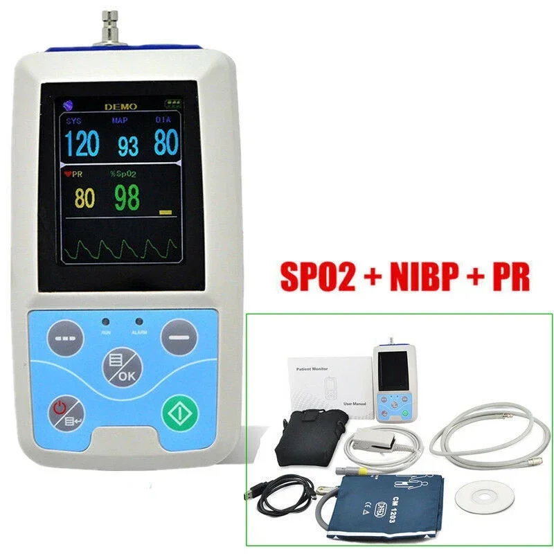 PM50 2.4" LCD Blood Pressure Patient Monitor NIBP SPO2 Pulse Rate Test Meter Portable Vital Sign Machine+Adult Cuff+SPO2 Probe