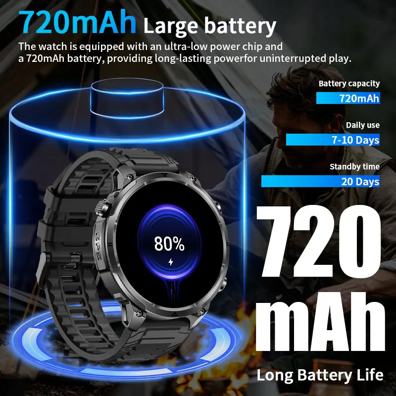LIGE 2025 New Military GPS Smart Watch 720mAh Battery IP68 Waterproof Compass Altimeter Flashlight Sports Tracker Smartwatch Men