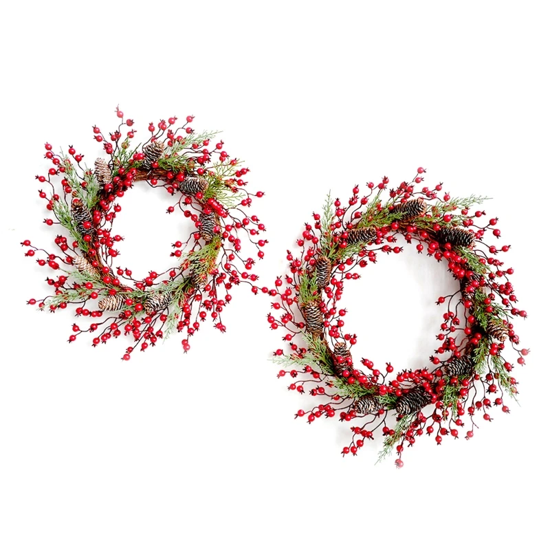 Artificial Red Berries With Pine Cones Rattan Wreath Fake Greenery