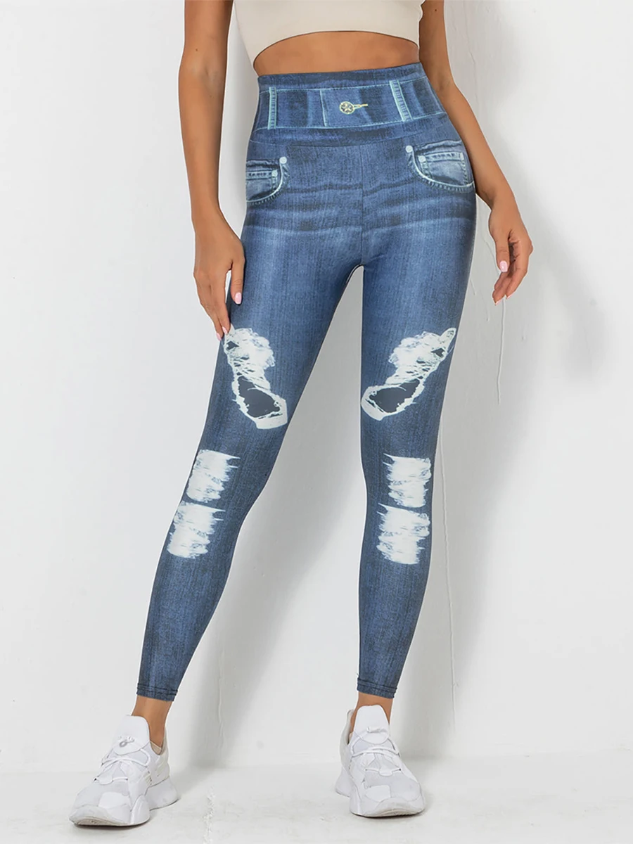 

High Waisted Leggings for Women Imitation Denim Print Fake Jeans Soft Slim Tights Butt Lift Jeggings Trousers for Sports